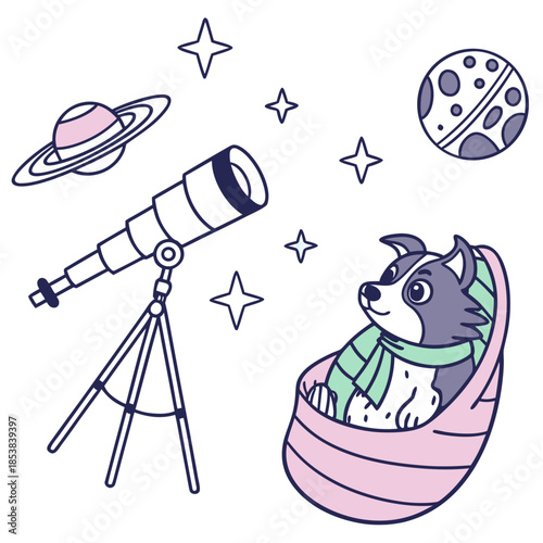 A Curious Australian Shepherd with snuggled in a sock in a Galaxy Dreams theme – Starlight Mix palette SVG illustration