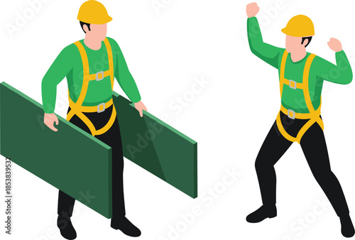Isometric Illustration of Construction Workers in Safety Gear with Hard Hats, Harnesses, and Panels Demonstrating Proper Industrial Work Procedures