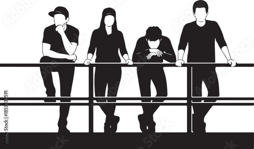 Young adult friends standing leaning on railing silhouette illustration