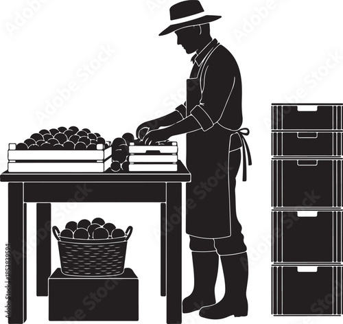 Farmer Sorting Harvested Produce Silhouette Icon Vector Illustration