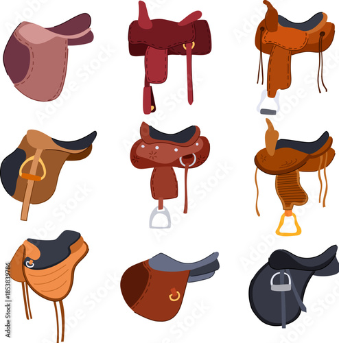 Collection displaying various types of horse saddles in different colors and designs, illustrating the diverse gear used for horseback riding and equestrian sports