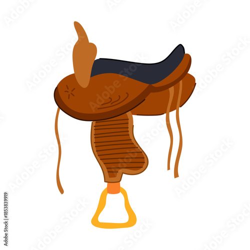 Western saddle showing a comfortable seat, an upright pommel, and a single stirrup, representing equestrian sports, cowboy culture, and horseback riding equipment