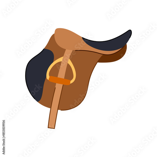 Brown equestrian saddle with dark blue accents and golden stirrup, representing horse riding, training, and sporting equipment in a clean, isolated flat illustration style