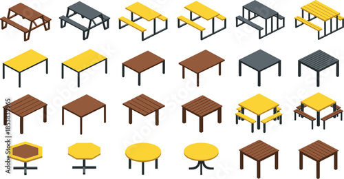Isometric outdoor table and picnic furniture set featuring wooden and metal tables in various shapes, ideal for park, garden, and exterior design projects