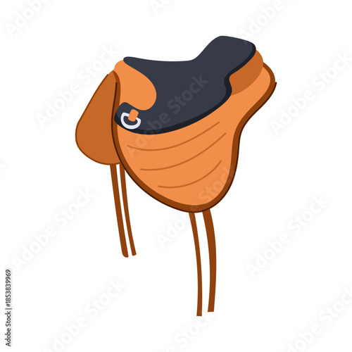 Equestrian riding saddle with dark seat and light brown leather, ideal for horseback sport, training or ranch use, isolated flat design vector on white background