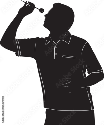 Dart Player Silhouette Aiming Dart Black and White Vector Illustration