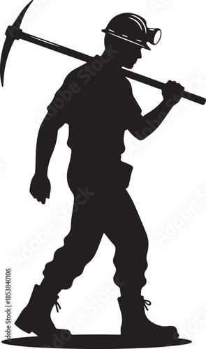Black silhouette of a miner worker walking with pickaxe and hard hat