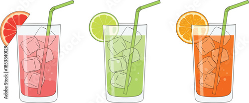Refreshing citrus drink illustration set featuring grapefruit, lime, and orange beverages with ice and straws, perfect for summer, bar, and menu designs
