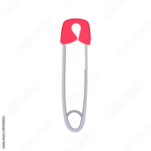Safety pin illustration with red clasp and gray metal needle, flat vector on white background, symbolizing quick fixes, sewing, fastening garments, crafts, baby care, and everyday use