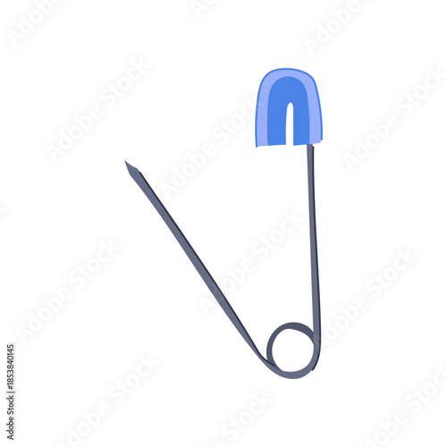 Open safety pin with blue protective clasp on white background, symbolizing protection, security, care, fastening and repair in a simple minimalist design, isolated object