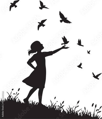Girl Releasing Birds Silhouette Graphic, Freedom and Hope Concept