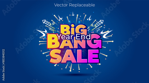 3D vector illustration of Year end big bang sale logo with festive fireworks crakers on blue background.