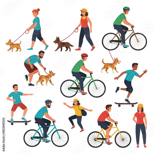 People Enjoying Outdoor Activities with Pets and Sports Equipment.