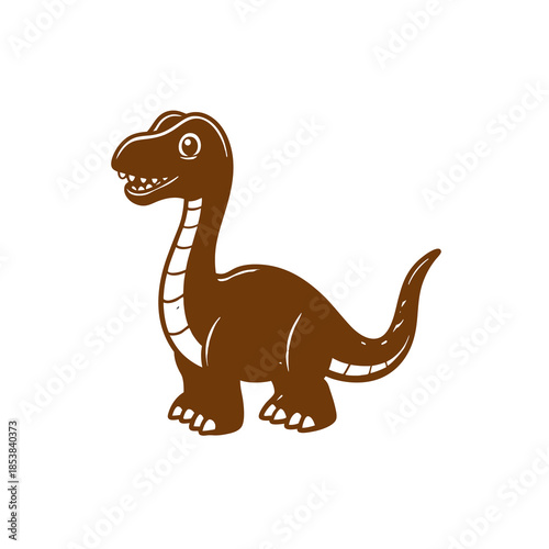 A cute brown cartoon dinosaur with a long neck and tail, smiling happily on a white background.