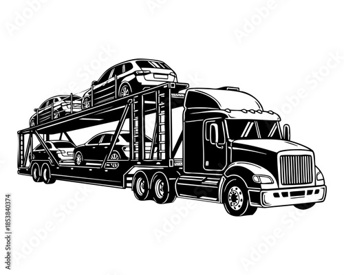 Car Carrier Truck Black and White Line Art Illustration