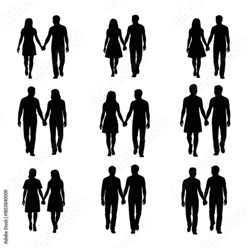 Silhouettes of Couples Holding Hands Walking Together.