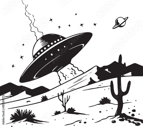 Retro UFO Flying Saucer over Desert Landscape with Cactus and Stars Illustration