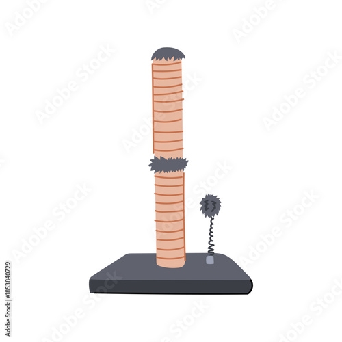 Cat scratching post featuring a beige sisal wrapped column with a dark base and a spring attached fluffy ball, offering a dedicated surface for feline claws and play