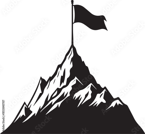 Mountain Summit with Flag Silhouette Icon for Victory and Achievement