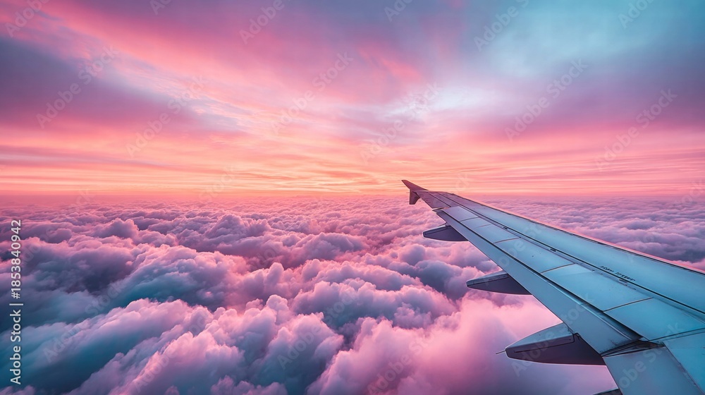 Fototapeta premium Airplane wing soaring above a sea of clouds at sunset
