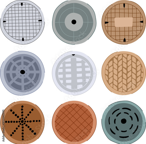 Nine distinct manhole covers displaying various textures and patterns, representing urban infrastructure and access points to underground utility systems