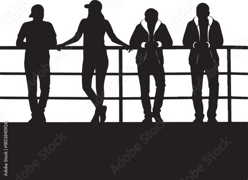 Vector silhouette of four young people group leaning on a railing