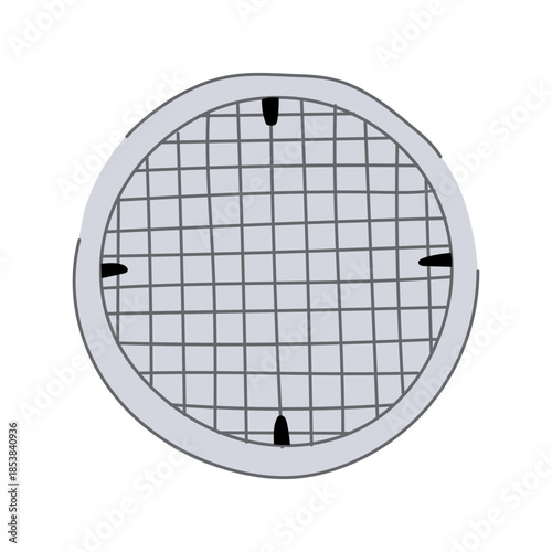 Round manhole cover illustration featuring a grid pattern, symbolizing urban infrastructure, utility access, and hidden systems underneath city streets