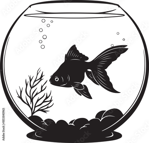 Black Goldfish in Fishbowl Icon - Vector Illustration