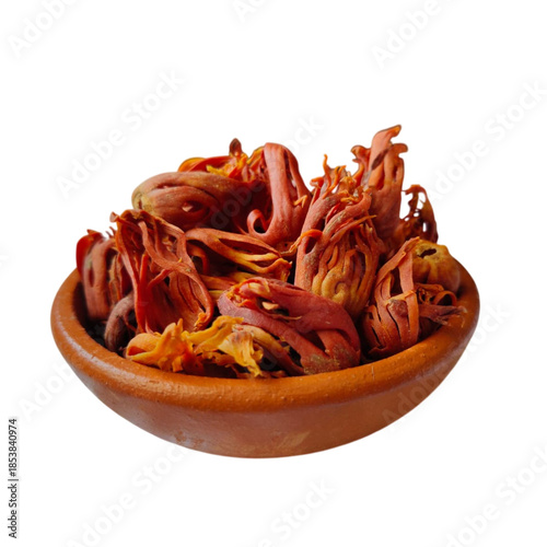 nutmeg mace on clay small bowl isolated on white background - 1