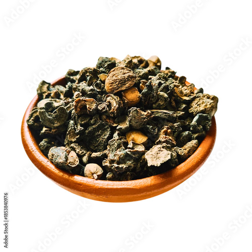 dry amla on clay small bowl isolated on white background - 1