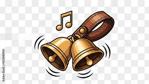 Two golden bells with brown leather strap and music note on transparent background, ringing loudly