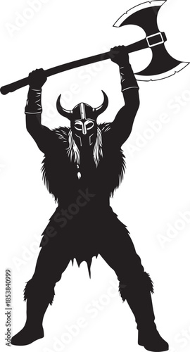 Black Silhouette of Viking Warrior Holding Battle Axe Overhead