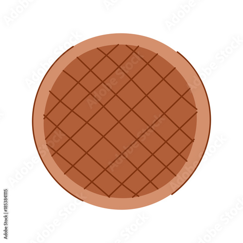 Circular brown manhole cover featuring a distinct diagonal grid pattern, representing urban infrastructure, drainage systems, and maintenance access points for underground utilities