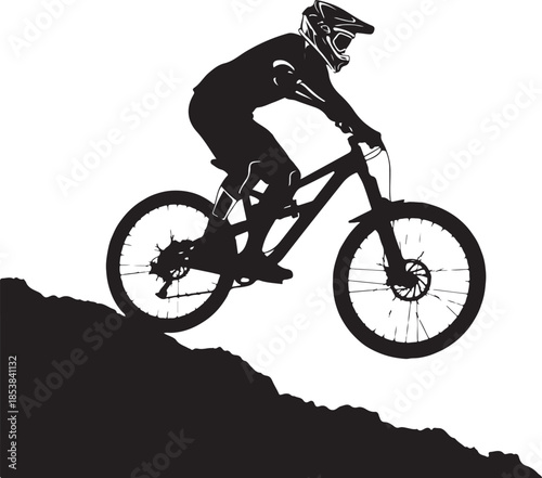 Downhill Mountain Biker Silhouette Illustration Riding a Steep Slope
