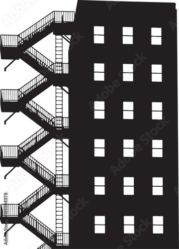 Urban Apartment Building Fire Escape Staircase Black Silhouette