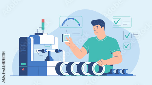 worker inspecting products on a manufacturing line vector illustration
