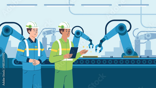 engineers supervising robotic arms on an automated assembly line