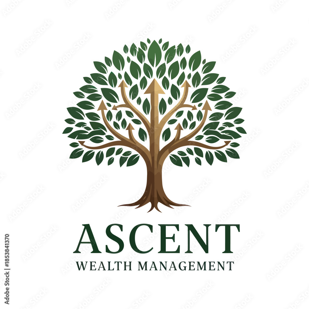 Fototapeta premium Ascent Wealth Management logo featuring a stylized tree with upward arrows.