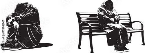 Vector silhouettes of sad, homeless, or depressed people on white background