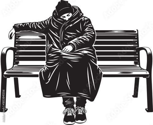 Homeless person sleeping on park bench black and white vector illustration