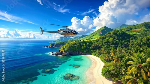 Wallpaper Mural Aerial View of a Helicopter Flying Over Tropical Beach and Emerald Ocean Under Cloudy Sky Torontodigital.ca