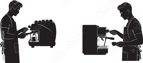 Black silhouette of barista preparing coffee on professional espresso machine.