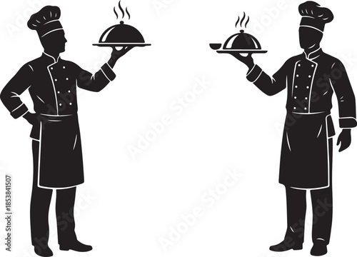 Professional Chefs Presenting Hot Food Silhouette Vector Icon Set