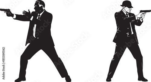 Two Men in Suits Aiming Pistols: Black and White Retro Action Vector Illustration