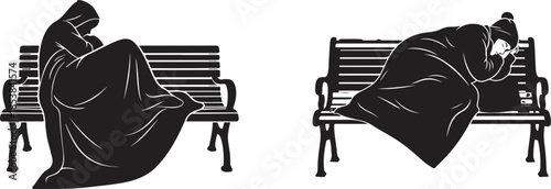 Poverty and Homelessness Concept Silhouettes of People Sleeping on Street Benches