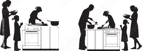 Black Silhouettes of Families Cooking Dinner Together in the Kitchen