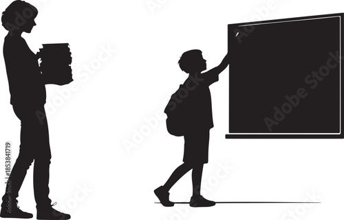 Black Silhouette of Student and Teacher at Blackboard with Books.