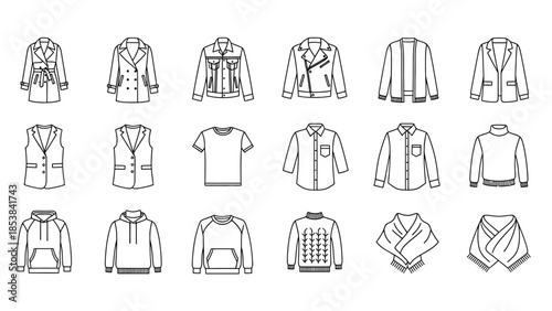 Collection of minimal black and white line icons depicting various styles of men's and women's outerwear tops and accessories