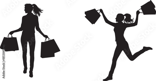Two shopping women silhouettes: walking female and excited jumping buyer.