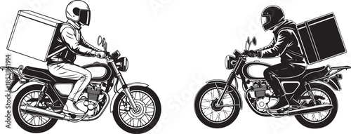 Black and White Illustration Set of Delivery Riders on Motorcycles with Transport Box